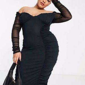 ASOS Design Curve Mesh Sleeve Ruched Midi Dress in Black